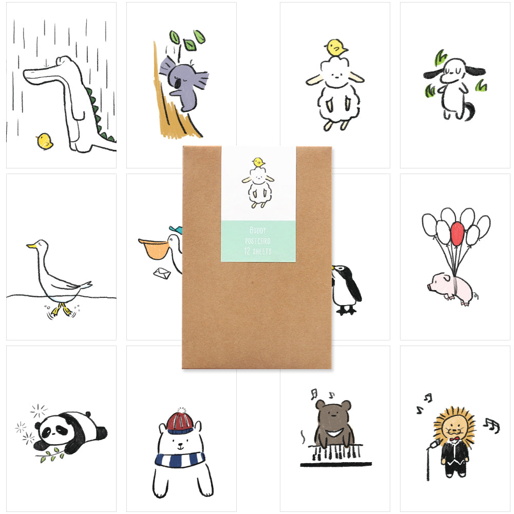 Monolike Buddy Postcards - mix 12 pack, unique and cute 12 animal postcards