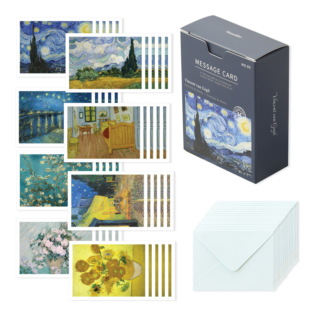 Monolike Message Gogh Card - Mix 40 Mini Postcards, 20 envelopes Package