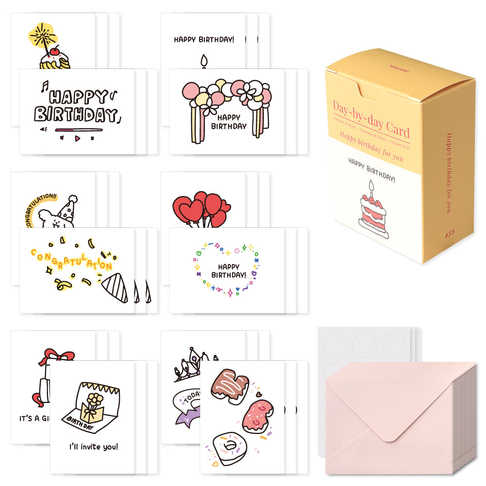 Monolike Day-by-day Card, Happy birthday for you - Mix 36 Mini Postcards, 36 envelopes, 36 stickers Package