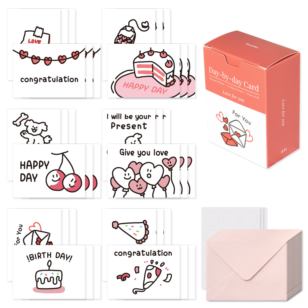 Monolike Day-by-day Card, Love for you Ver.1 - Mix 36 Mini Postcards, 36 envelopes, 36 stickers Package