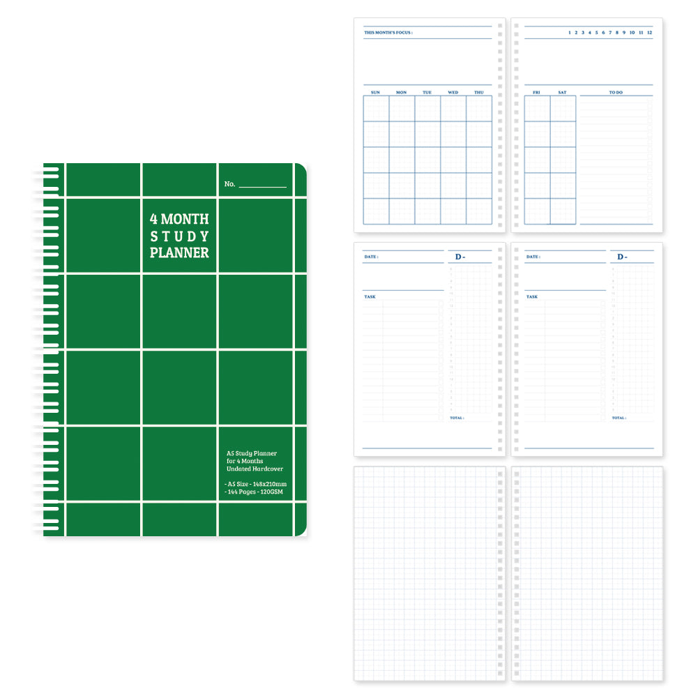 Monolike Checkers 4 Month Study Planner, Green - Academic Planner, Weekly & Monthly Planner, Study plan