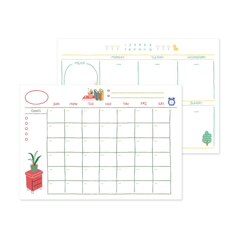 Monolike Ordinary days A4 Monthly + Weekly Planner pad, Little pot+Duck SET - Academic Planner, Weekly & Monthly Planner, To-do list, Note pad, Scheduler