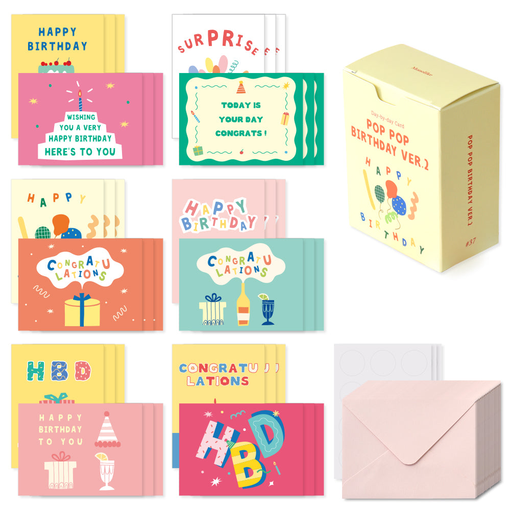 Monolike Day-by-day Card, Pop pop birthday Ver.2 - Mix 36 Mini Postcards, 36 envelopes, 36 stickers Package