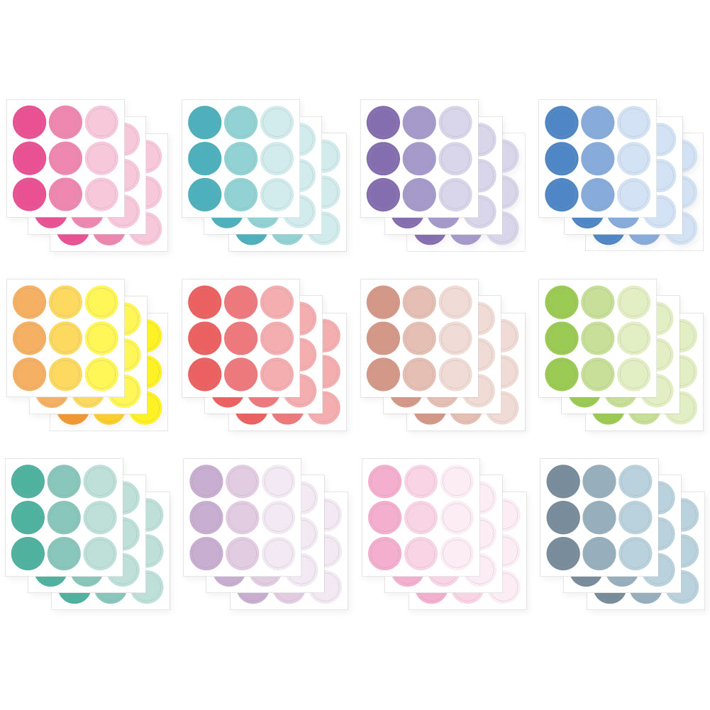 Monolike Circle Stickers - Solid Round Dot Medium Size A + B Set, 12 type stickers 36 Sheets