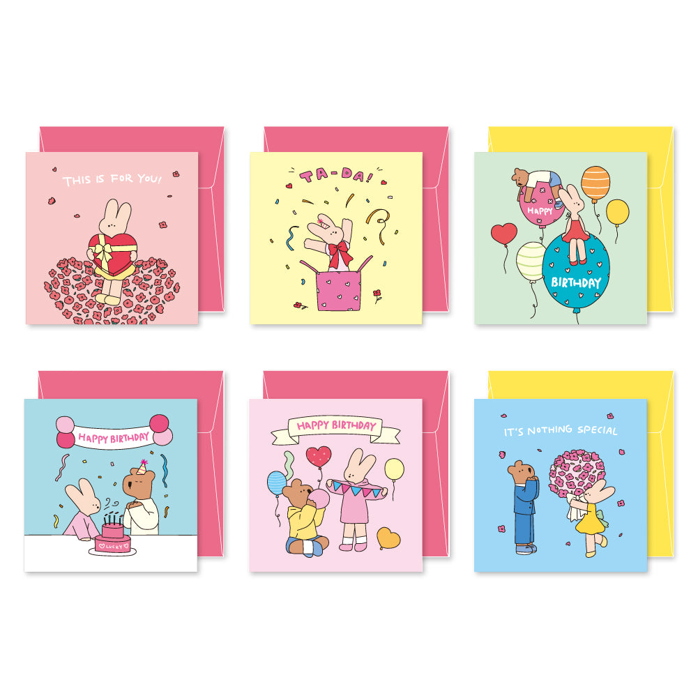 Monolike PAPER THINGS L , Happy and Lucky Birthday 6P B SET - Greeting card, Folding card, Cards Assortment, Birthday, Thinking of You, 6 cards +  6envelopes, 135x135mm