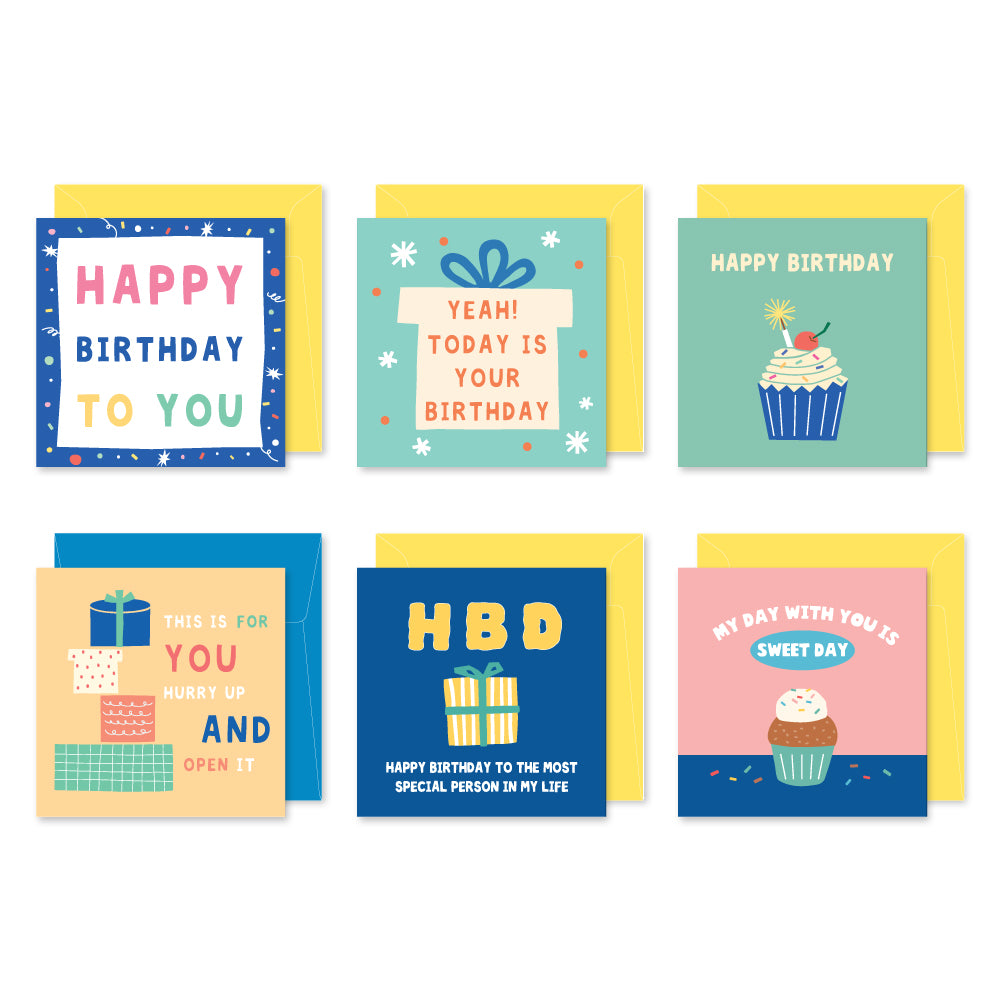 Monolike PAPER THINGS L , POP POP BIRTHDAY 6P B SET - Greeting card, Folding card, Cards Assortment, Birthday, Thinking of You, 6 cards +  6envelopes, 135x135mm