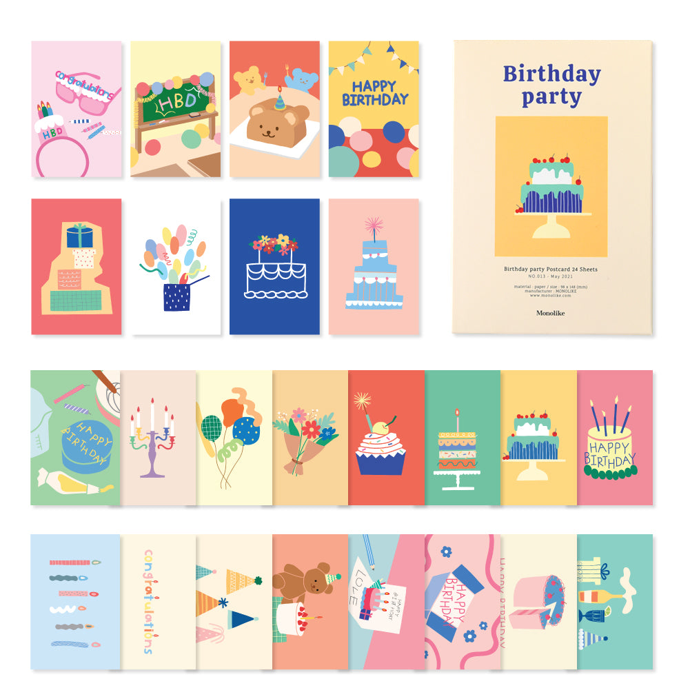 Monolike Birthday Party Single card - mix 24 pack, lovely 24 Single card