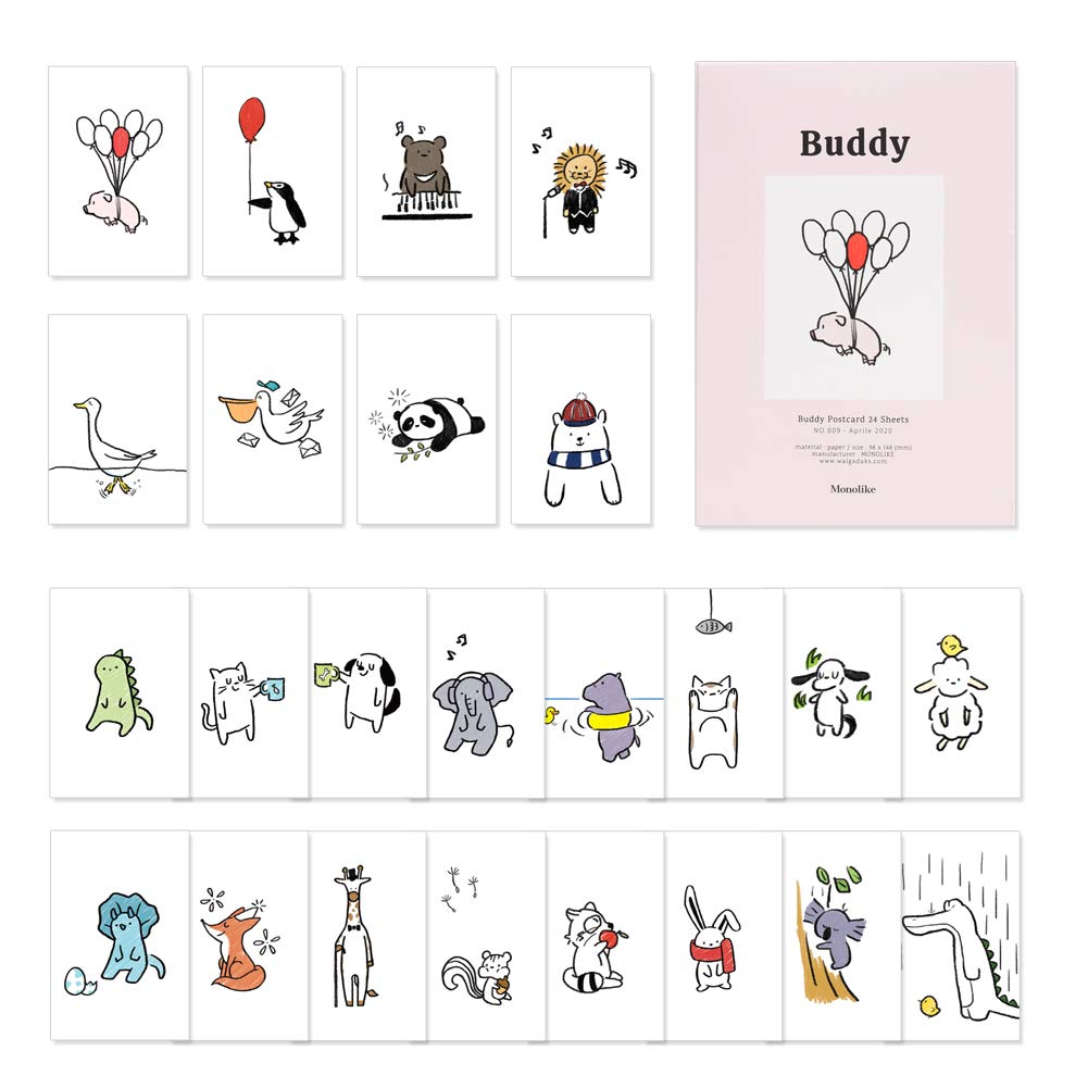 Monolike Buddy Postcards - mix 24 pack, unique and cute 24 animal Postcards
