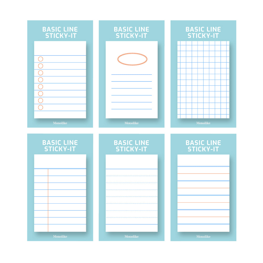 Monolike Basic Line Blue Sticky-it - 6p Set Self-Adhesive Memo Pad 50 Sheets