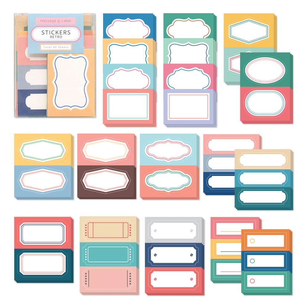 Monolike Message & Label sticker - Retro set, 16 type stickers 3 sheet per design Total60 Sheets