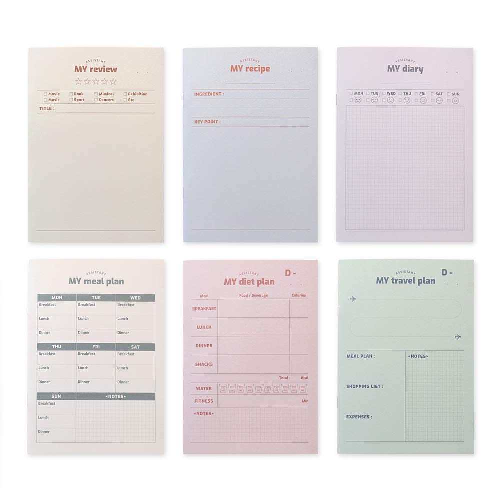 Monolike A5 My Assistant Notebook 6 SET - A Type, Review Note, Reipe Note, Diary, Meal Plan, Diet Plan, Travel Plan