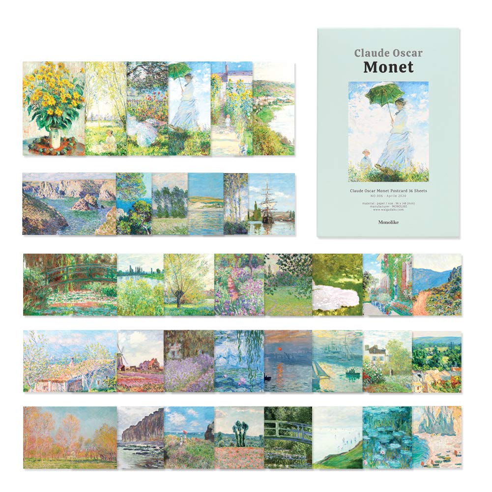 Monolike Claude Monet Postcard - mix 36 pack, Famous painting and Famous 36 Claude Monet postcards