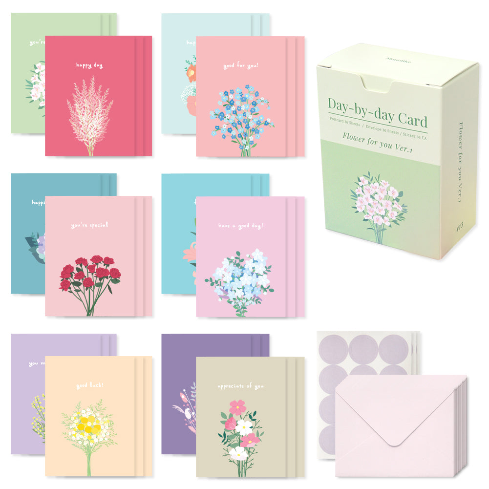 Monolike Day-by-day Card, Flower for you ver.1 - Mix 36 Mini Postcards, 36 envelopes, 36 stickers Package