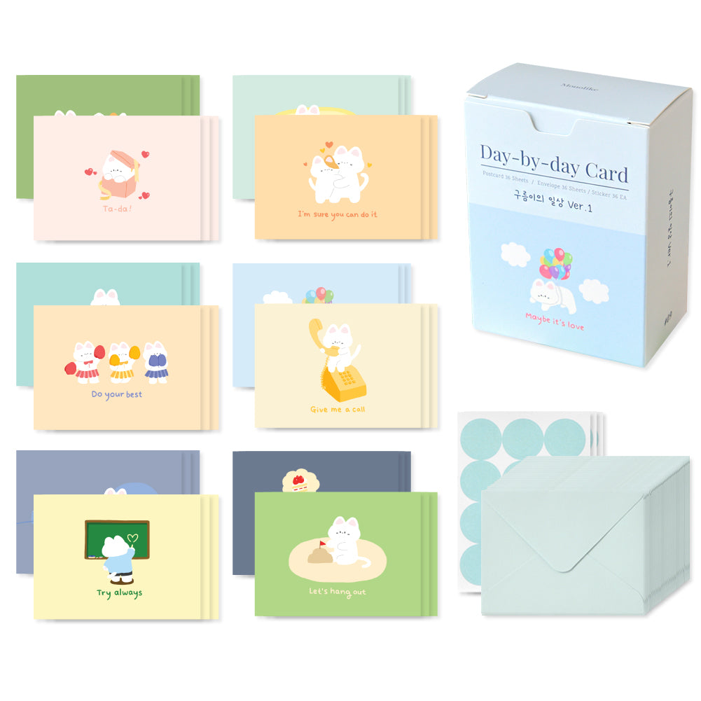 Monolike Day-by-day Card, Gureum's Daily Life ver.1 - Mix 36 Mini Postcards, 36 envelopes, 36 stickers Package
