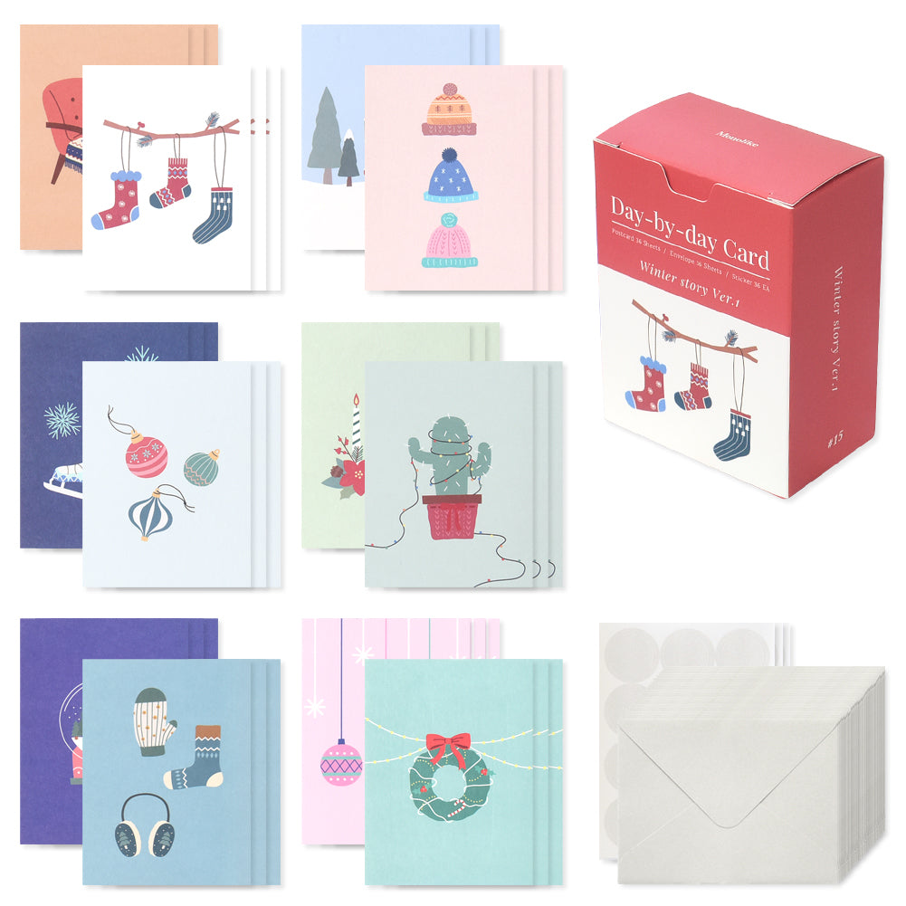 Monolike Day-by-day Card, Winter story Ver.1 - Mix 36 Mini Postcards, 36 envelopes, 36 stickers Package