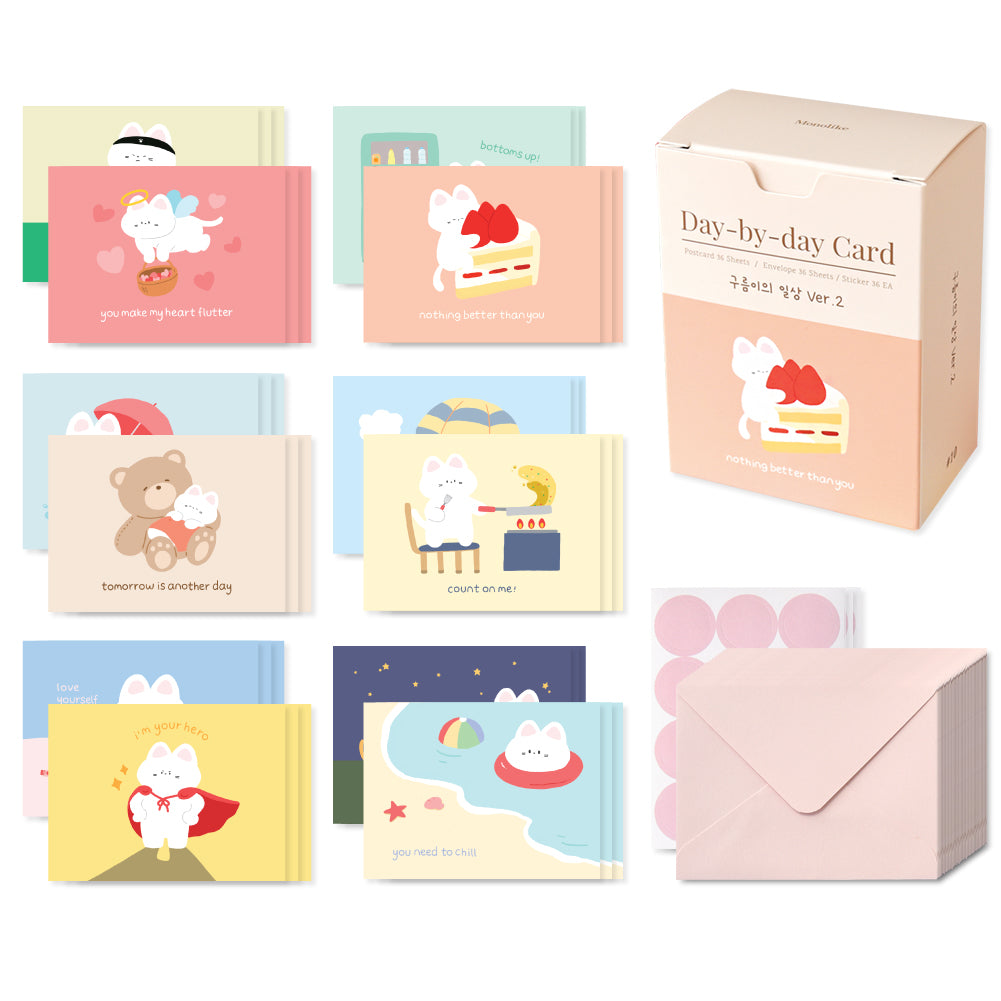 Monolike Day-by-day Card, Gureum's Daily Life ver.2 - Mix 36 Mini Postcards, 36 envelopes, 36 stickers Package