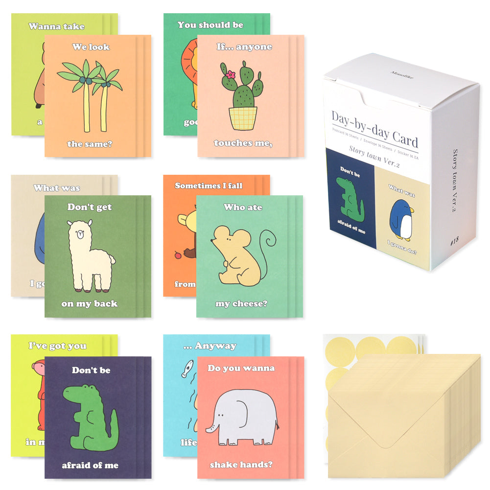 Monolike Day-by-day Card, Story town Ver.2 - Mix 36 Mini Postcards, 36 envelopes, 36 stickers Package