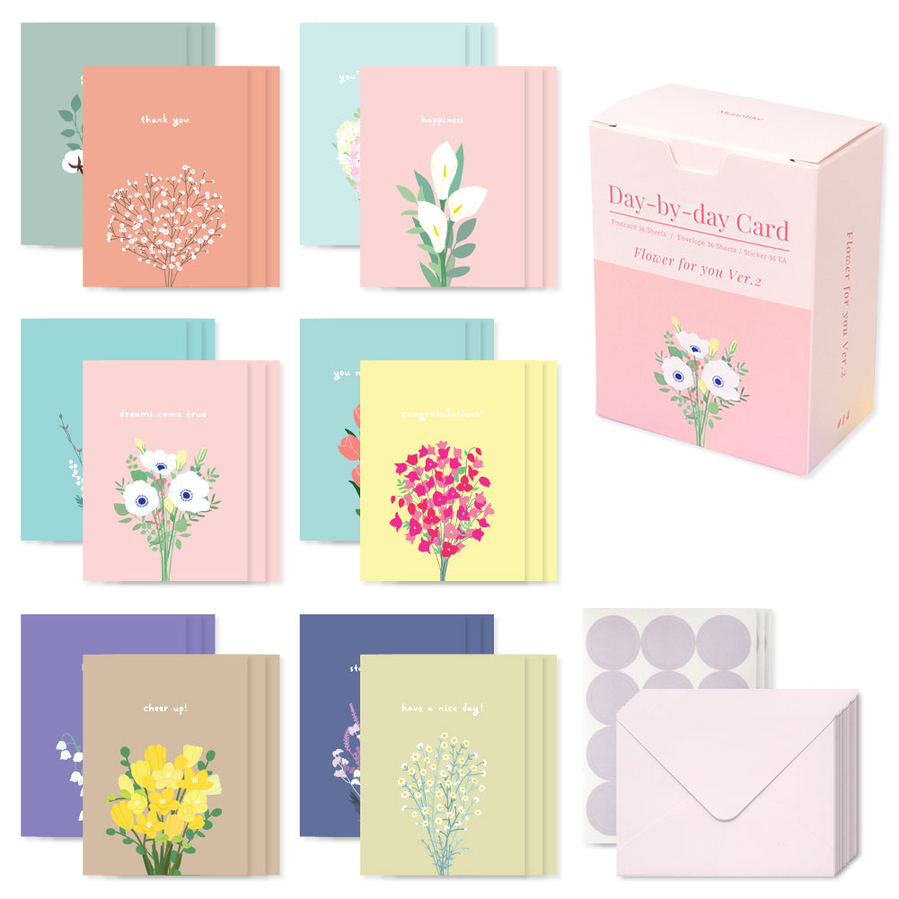Monolike Day-by-day Card, Flower for you ver.2 - Mix 36 Mini Postcards, 36 envelopes, 36 stickers Package