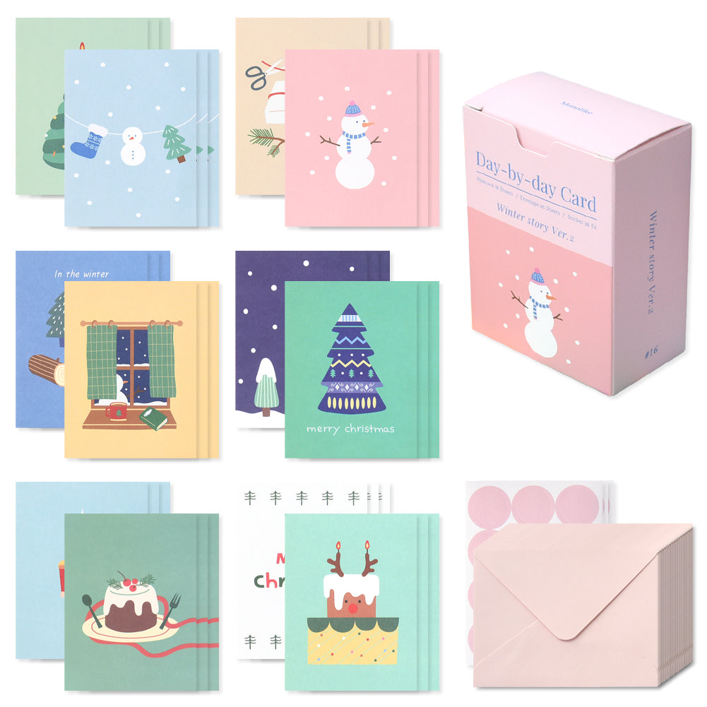Monolike Day-by-day Card, Winter story Ver.2 - Mix 36 Mini Postcards, 36 envelopes, 36 stickers Package