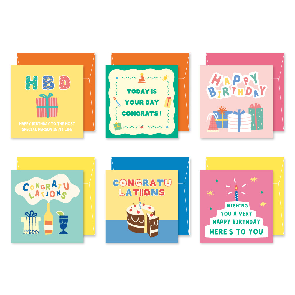 Monolike PAPER THINGS L , POP POP BIRTHDAY Ver.2 6P B SET - Greeting card, Folding card, Cards Assortment, Birthday, Thinking of You, 6 cards +  6envelopes, 135x135mm